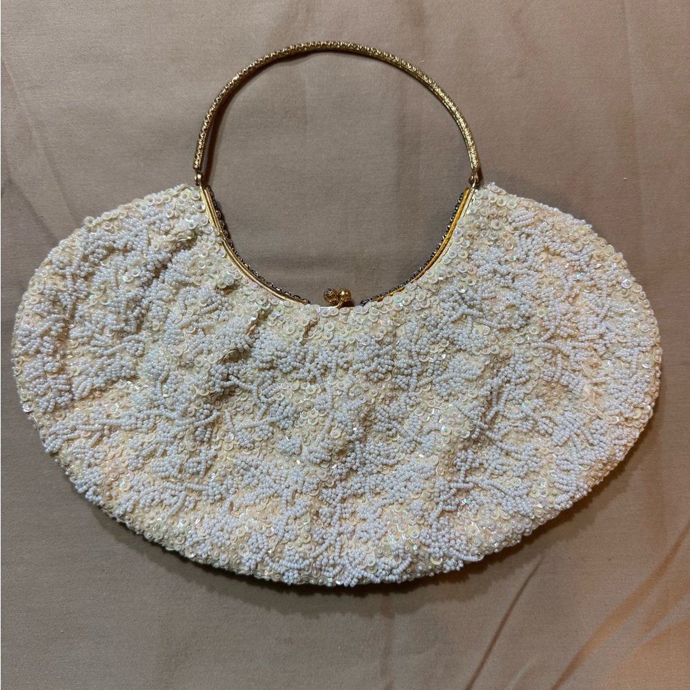 Vintage Cream Beaded Women's Bag with Rhinestone Encrusted Goldtone Handle